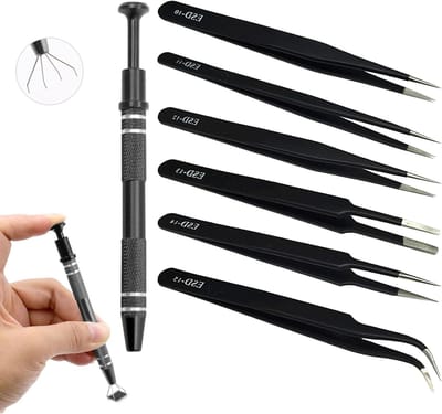 Precisie Pincetten Set van 7 Stuks, ESD Pincetten met Piercing Bal Grip, RVS Anti-Statica voor Elektronica, Ambachten en Laboratorium Werk