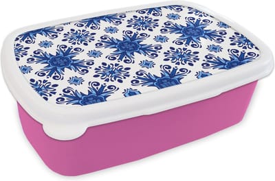 Broodtrommel Roze - Lunchbox - Brooddoos - Tegel - Bloem - Blauw - Patroon - 18x12x6 cm - Kinderen - Meisje