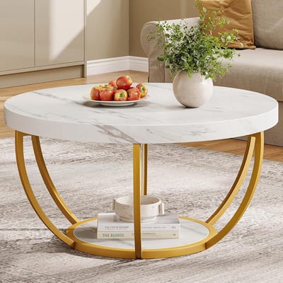 Tribesigns Ronde Salontafel - 80×80×45 CM - 2 Tier Salontafel met Wit Marmer en Gouden Metalen Poten - Wit en Goud - Voor Woonkamers, Thuiskantoor - Moderne
