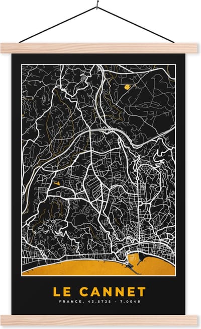 Posterhanger incl. Poster 40x60 cm - Schoolplaat - Kaart - Frankrijk - Stadskaart - Plattegrond - Le Cannet - Textielposter - Blanke latten - Stadskaart
