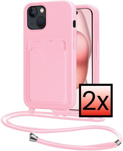 Hoes Geschikt voor iPhone 15 Plus Hoesje Pasjeshouder Cover Met Koord Case Siliconen Hoes Met Telefoonkoord en Kaarthouder - Lichtroze - 2 PACK
