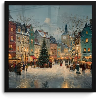 Poster in lijst - Fotolijst 40x40 cm - Posters - Kerstsfeer - Stadsplein - Kleurrijk - Posterlijst zwart - Decoratie - Wanddecoratie woonkamer - Muurdecoratie slaapkamer - Kerstversiering - Kerstdecoratie voor binnen - Kerstmis