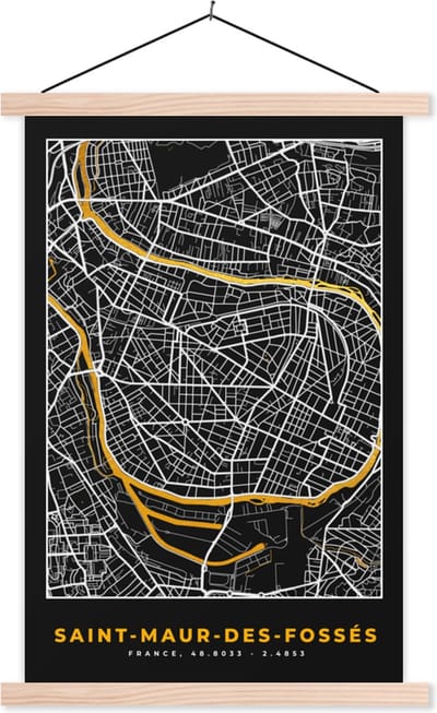 Posterhanger incl. Poster 40x60 cm - Schoolplaat - Saint-Maur-des-Fossés - Stadskaart – Frankrijk – Kaart – Plattegrond - Textielposter - Blanke latten - Stadskaart