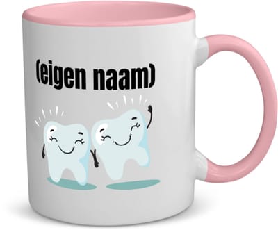 Akyol - 2 tanden koffiemok - theemok - roze - Tandarts - mondhygienist - met eigen naam - leuk cadeau voor iemand die tandarts is - cadeau - kado - 350 ML inhoud