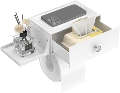 Toiletpapierhouder Roestvrij Staal, WC Papierhouder met Houder voor Vochtige Doekjes, Toiletpapierhouder met Houder voor Badkamer, Toilet, Lijm/Schroefmontage, Wit, 1 Stuks
