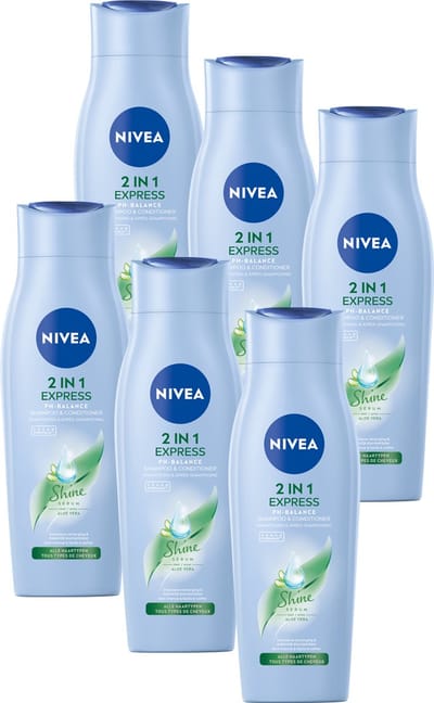 NIVEA 2-in-1 Express Haar Shampoo & Conditioner - Shine serum - Met aloë vera - Haarshampoo - Voordeelverpakking - 6 x 250 ml