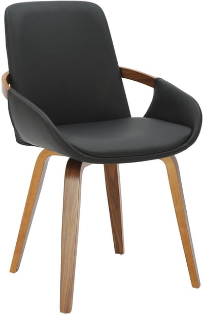 CLP Bertol Eetkamerstoel - Armleuningen - Gebogen houten frame - Walnootlook - Comfortabele keukenstoel - Vierpoot - Kunstleer/walnoot/zwart