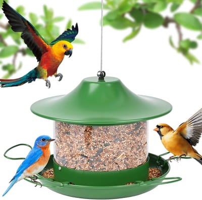 Famanu – Vogelvoederhuisje om op te hangen - vogelvoederdispenser met opvangbak - korrels - voederzuil - vogelhuis voor tuin en balkon - groen