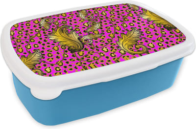 Broodtrommel Blauw - Lunchbox - Brooddoos - Barok - Panter - Goud - Patroon - 18x12x6 cm - Kinderen - Jongen
