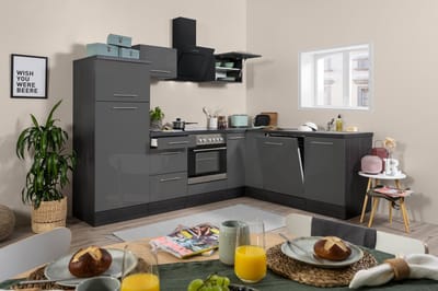 Hoekkeuken 260  cm - complete keuken met apparatuur Amanda  - Eiken grijs/Grijs - soft close - keramische kookplaat - vaatwasser - afzuigkap - oven    - spoelbak