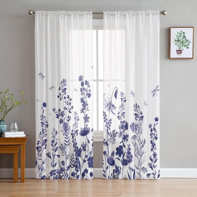 Blauwe Bloemen Witte Tule Transparante Gordijnen voor Woonkamer Decoratie Gordijn voor de Kamer Slaapkamer Keuken Voile Organza Gordijnen 135W x 183H(cm)