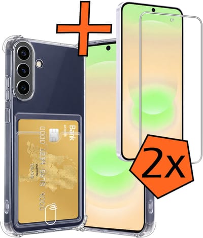 Hoes - Geschikt voor Samsung Galaxy A37 - Met 2x Screenprotector - Pashouder - Kaarthouder - Telefoon Hoesje Shockproof - Siliconen Case - Back Cover - Shock Proof - Pasjes Houder - Transparant