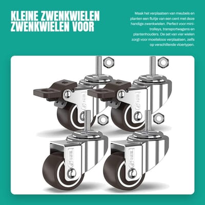 Dailygoods- Zwenkwielen set van 4 - Stevig met remmen - Zwenkwielen met schroefdraad - Draagvermogen tot 40 kg - 25 mm M8 - Rubber onderkant - Meubelwielen