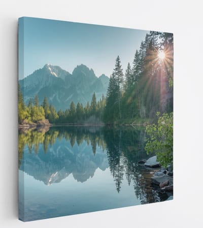 Saammp Canvas Schilderij - Bergen - Zon - Meer - botanisch - Landschap - Natuur - 20x20 - Foto op canvas - Wanddecoratie - Muurdecoratie Woonkamer - Slaapkamer decoratie - Canvas Print