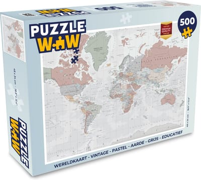 Puzzel Wereldkaart - Vintage - Pastel - Aarde - Grijs - Educatief - Legpuzzel - Puzzel 500 stukjes