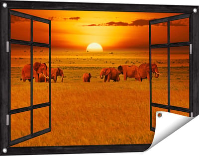 Gards Tuinposter Doorkijk Olifanten in het Wild - Zonsondergang - 90x60 cm - Tuindoek - Tuindecoratie - Wanddecoratie buiten - Tuinschilderij