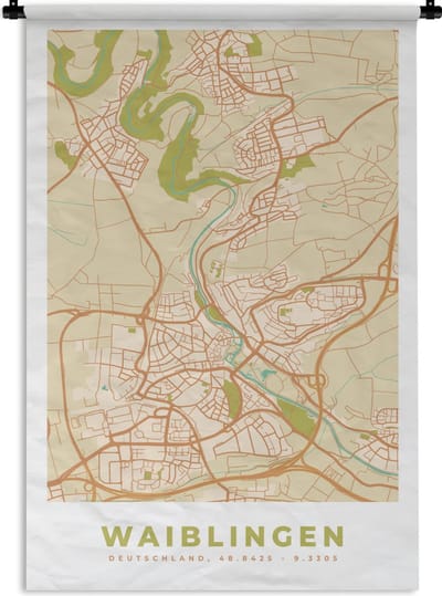 Wandkleed - Wanddoek - Plattegrond - Waiblingen - Vintage - Kaart - Stadskaart - 120x180 cm - Wandtapijt