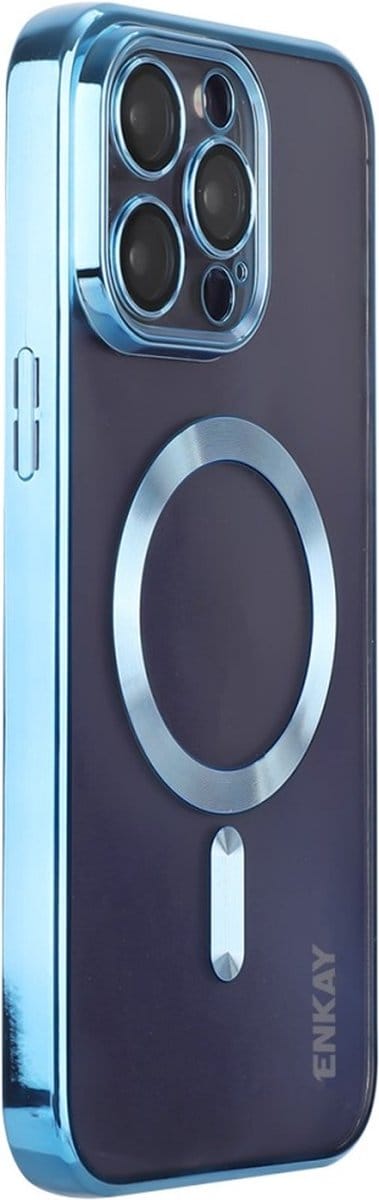 ENKAY Hoesje - Geschikt voor iPhone 16 Pro Max Hoesje - ENKAY Metallic TPU Back Cover met Camera Lens Protector - MagSafe Compatible - Blauw
