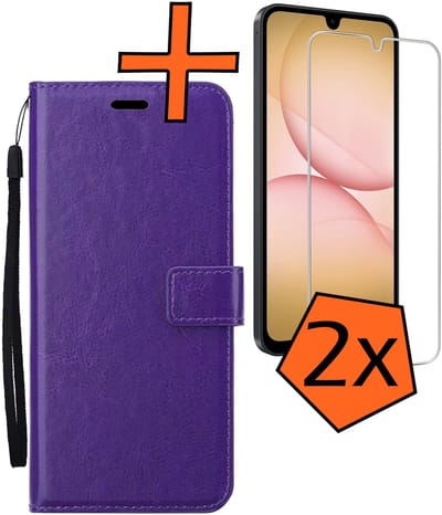 Hoes - Met 2x Screenprotector - Geschikt voor Samsung Galaxy A17 - Luxe Pasjeshouder - Bookcase Portemonee - Flip Case - Kunstleer Book Case - Flipcase Hoes - Book Cover - Walletcase - PortemonneeHoes - Paars