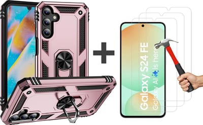 Hoesje Geschikt voor Samsung Galaxy S24 FE hoesje - Hybrid Armor Anti-Shock hoes - Arara Ringhouder TPU backcover met 3 Stuks gehard glas Screenprotectors - Rosegoud