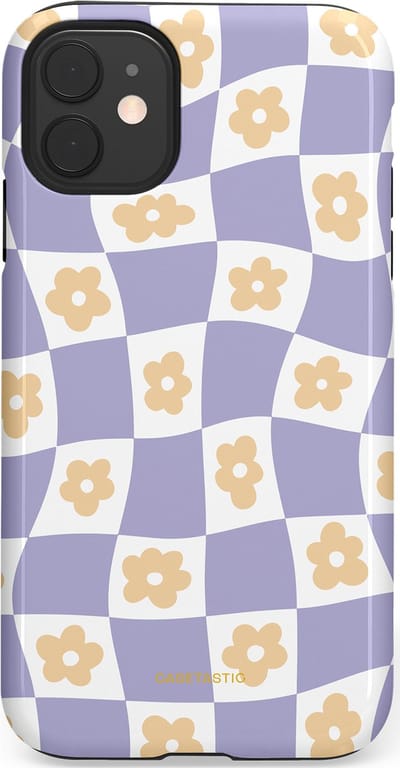Casetastic hoesje geschikt voor Apple iPhone 11 - Dubbellaagse bescherming - Kronkelende madeliefjes - Fashion Case - Lila Wit Zand Lichtgrijs