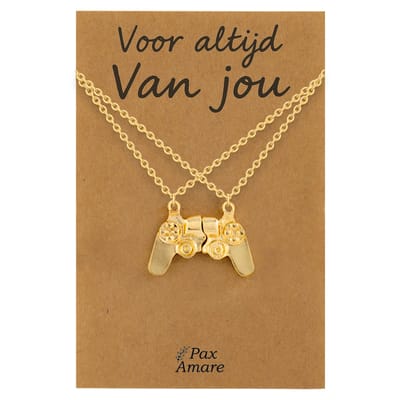Koppel Ketting voor 2 'Voor altijd van jou' - Controller - Vriendschapsketting op Cadeau Kaartje - 45cm + 5cm verstelbaar - Goudkleurig - Persoonlijke Hanger - Pax Amare