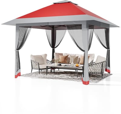 Partytent met Muggennet - 3.9x3.9m - Waterafstotend Pop-up Paviljoen met Zandzakken - UV-bescherming - Ventilatie - Voor Terras, Tuin, Camping en Grillen - Rood