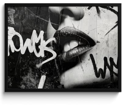 Poster in lijst - Fotolijst 80x60 cm - Posters - Gezicht - Mond - Graffiti - Zwart - Posterlijst zwart - Decoratie - Wanddecoratie woonkamer - Muurdecoratie slaapkamer