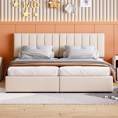KOMHTOM Bed Tweepersoonsbed 180x200 cm, hydraulisch opbergbed huidvriendelijk linnen hoogslaper Beige