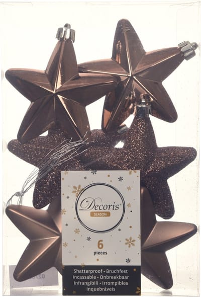 Decoris kersthanger sterren - 6x st - walnoot bruin - 7 cm - kunststof - kerstornamenten - kerstversiering