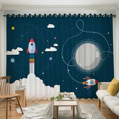 3D Printen Raket Buitenruimte Astronaut Slaapkamer Woonkamer Gordijn Verduisterend Ramen Buiten Decoratieve Bloemen Huis Textiel 100W130H(CM)40x51in&Grommet Top
