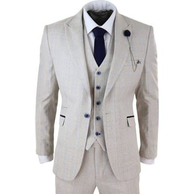 Heren 3-delig crème geruit tweed visgraat vintage klassiek pak