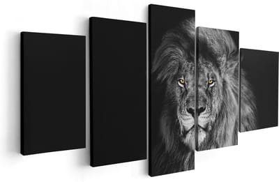 Artaza Canvas Schilderij Vijfluik Leeuw Met Oranje Ogen - Zwart Wit - 100x50 - Foto Op Canvas - Canvas Print