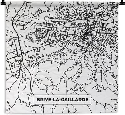 Wandkleed - Wanddoek - Stadskaart - Plattegrond - Brive-la-Gaillarde - Kaart - Frankrijk - Zwart wit - 180x180 cm - Wandtapijt
