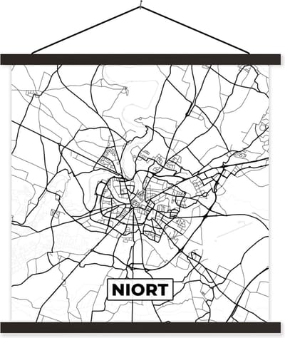 Posterhanger incl. Poster 60x60 cm - Schoolplaat - Stadskaart - Plattegrond - Kaart - Frankrijk - Niort - Zwart wit - Textielposter - Zwarte latten - Stadskaart