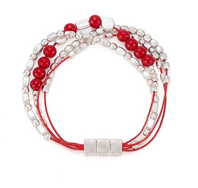Rood zilverkleurige kralen armband voor dames – armband met koord en metalen accenten