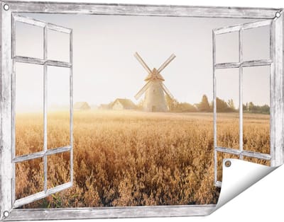 Gards Tuinposter Doorkijk Windmolen in het Veld - 90x60 cm - Tuindoek - Tuindecoratie - Wanddecoratie buiten - Tuinschilderij