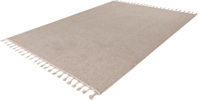Lalee Tunis plat geweven vloerkleed uni effen tapijt laagpolig met grote franjes tijdloos 80x150cm beige