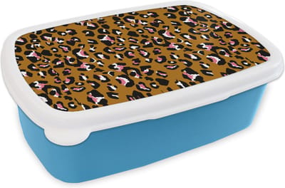 Broodtrommel Blauw - Lunchbox - Brooddoos - Panter - Design - Roze - Bruin - Patronen - 18x12x6 cm - Kinderen - Jongen