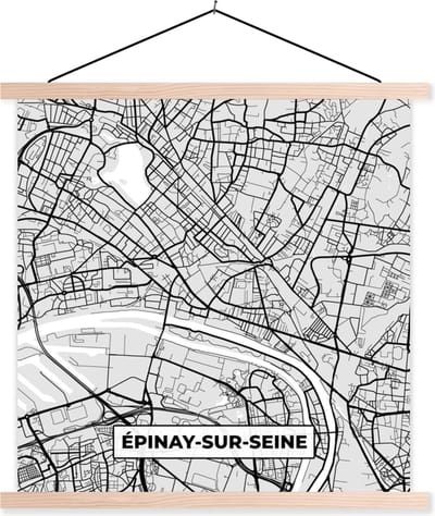 Posterhanger incl. Poster 40x40 cm - Schoolplaat - Plattegrond - Épinay-sur-Seine - Stadskaart - Kaart - Frankrijk - Textielposter - Blanke latten - Stadskaart