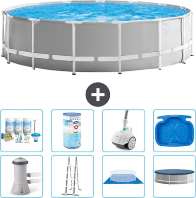 Intex Rond Prism Frame Zwembad - 457 x 122 cm - Grijs - Inclusief Pomp - Ladder - Grondzeil - Afdekzeil Onderhoudspakket - Filter - Stofzuiger - Voetenbad