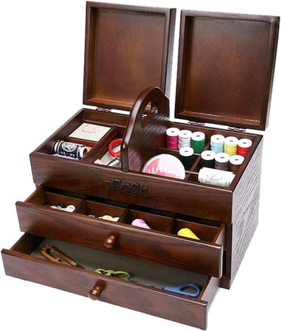 Houten Naaidoos - Naaimand Organizer - Hobby Opslag - Met 2 Laden - 13 Compartimenten - Natuurlijk Hout