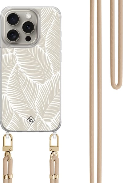 Casimoda® hoesje met beige koord - Geschikt voor iPhone 15 Pro - Palm Leaves Beige - Afneembaar koord - TPU/polycarbonaat - Bruin/beige