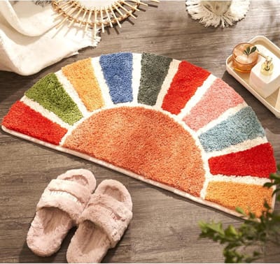 Boho Badmat in Halve Cirkelvorm, Kleurrijke Retro Badkamerdecoratie, Smiling Douchematt, 40 x 76 CM, Comfortabele en Stijlvolle Badkameraccessoires