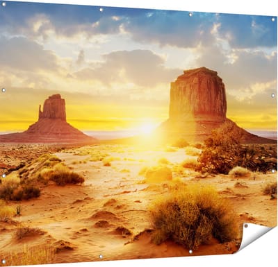 Gards Tuinposter Zonsondergang in Woestijn Monument Valley - 150x120 cm - Tuindoek - Tuindecoratie - Wanddecoratie buiten - Tuinschilderij