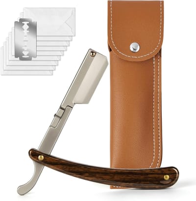 Heren Scheermes met Verwisselbare Bladen, Inclusief 10 Scheermesjes en Handgemaakte Leren Etui, Perfect Cadeau voor Mannen