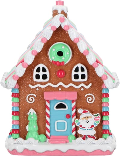 Viv! Christmas Kerstbeeld - Gingerbread Huis met Kerstman incl. LED Verlichting - roze rood blauw groen - 25cm