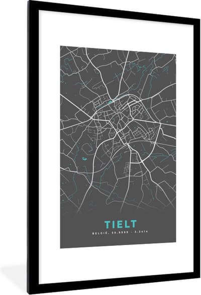 Fotolijst incl. Poster - België – Tielt – Stadskaart – Kaart – Blauw – Plattegrond - 80x120 cm - Posterlijst