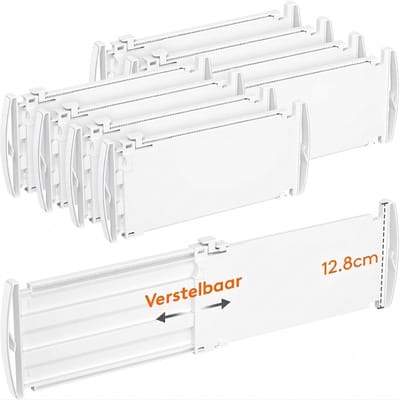 Livatto Ladeverdelers Verstelbaar 29,5-47 cm – Set van 8 – Lade-Organisatoren voor Kledingkast, Keuken, Bureau en Badkamer – Wit, 12,8 cm Hoog, ABS-Kunststof