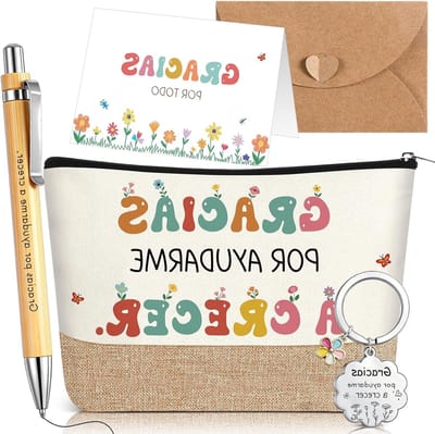 Cadeau voor Kleuterjuf - 5 Stuks Make-Uptasje, Sleutelhangertje en Pen voor Leerkrachten en Oppassers, Originele Kaartenvelop in Jute